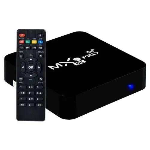 TV Box 4K preta com controle remoto e cabo HDMI para conexão em televisores