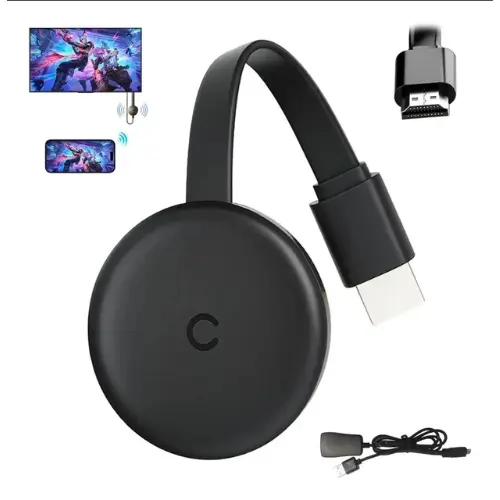 Aparelho Google Chromecast conectado à entrada HDMI da TV, ideal para espelhar a tela do celular e assistir a filmes e séries